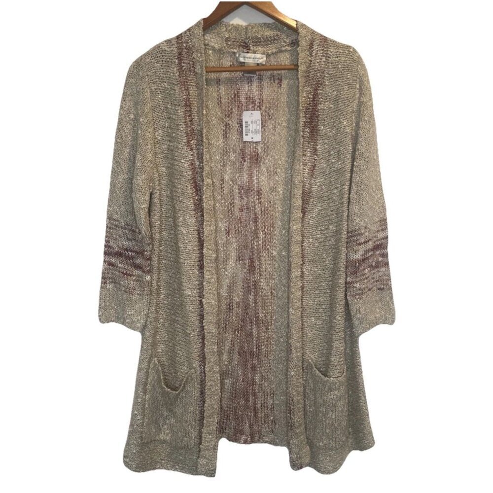 Christopher & Banks Womens Oatmeal Mauve 3/4 Sleeve Open Front Cardigan Sz M NEW